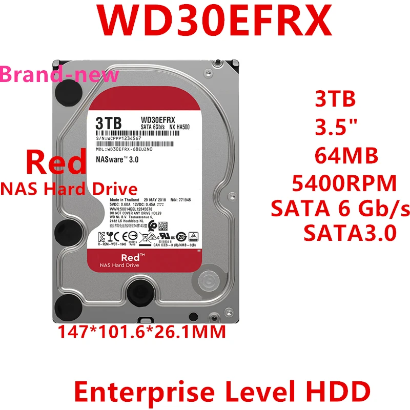 Nuovo Hdd Originale Per Wd Brand Red 3Tb 3.5 "Sata 6 Gb/S 64Mb 5400Rpm Per Disco Rigido Interno Per Disco Rigido Nas Per Muslimate