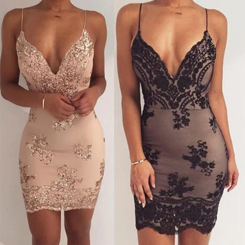 

Sexy Women Dress Sleeveless Solid Halter Open Back Sequin Partynight Club Deep-V Embroidery Vestidos Skinny Dress Robe Female