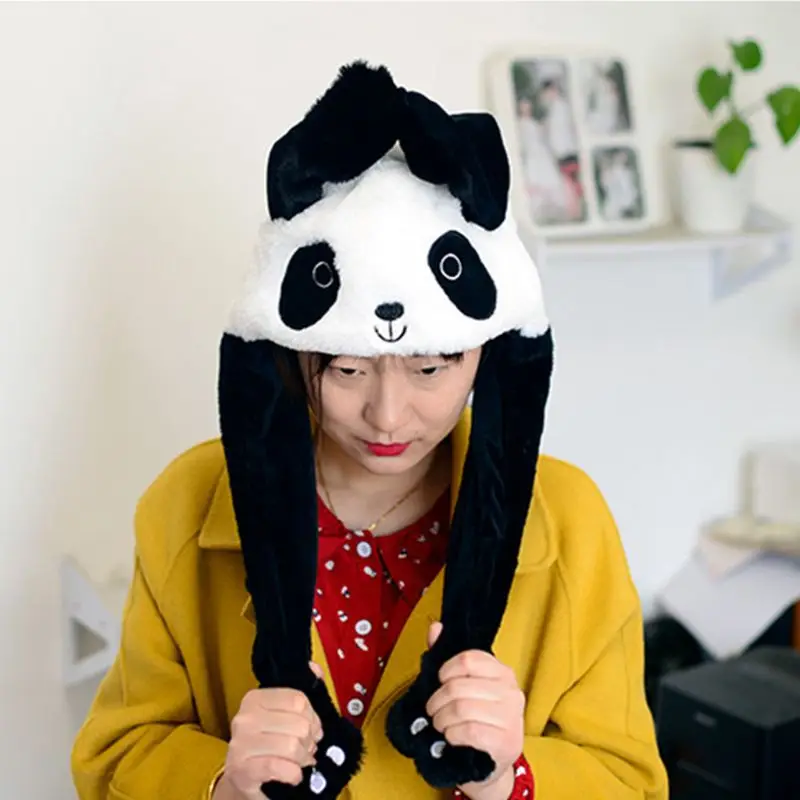 Милые детские и взрослые Короткие Плюшевые 3D Мультяшные панды животных шляпа с движущимися ушами Двойная подушка безопасности лапы теплые ушные вкладыши игрушки Вечерние