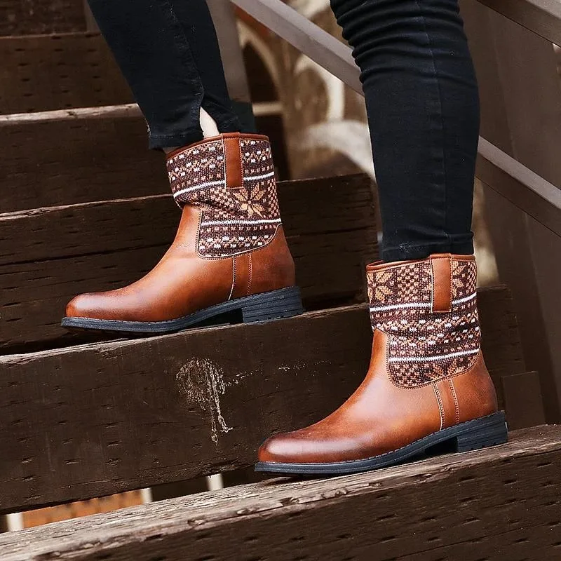 

Winter Ankle Boots Women Bohemian Boho Low Heel Boot Ethnic PU Leather Stylish Shoes Woman Slip On Boots Chaussures Femme Nice