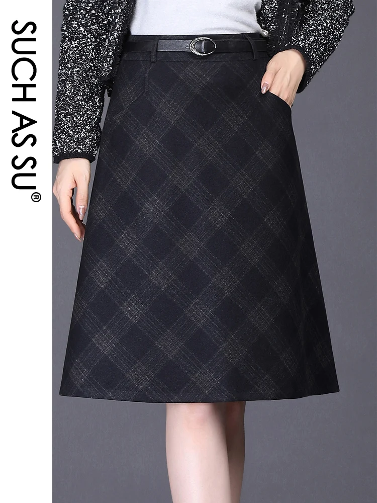 

SUCH AS SU New Fashion Pocket 2020 Autumn Winter Wool Skirts Womens Slim High Waist Lattice A-Line Skirt S-3XL Knee-Length Skirt