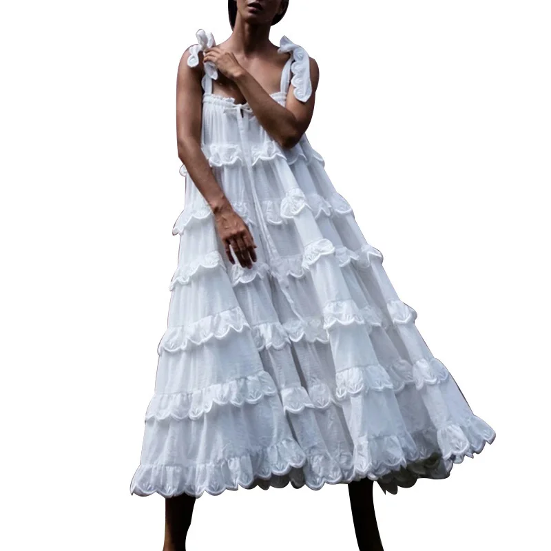 

2020 Season Seaside Vacation Wind Dress Female Solid Color Lady Sling Cotton Bitter Fleabane Small Fairy Skirt