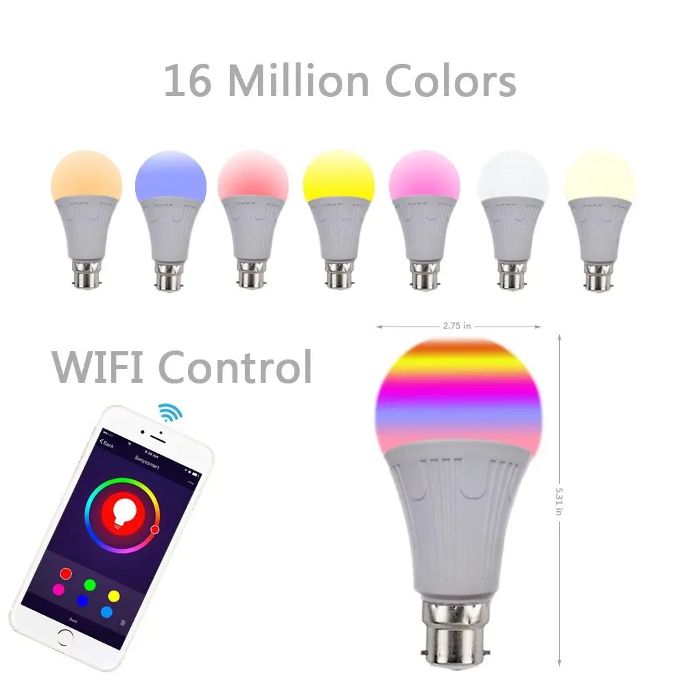 WiFi умная Светодиодная лампа B22 потолочная A19 дистанционное управление 7 Вт