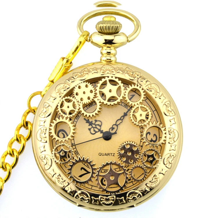 Роскошные золотые винтажные Ретро золотые полые шестерни механизм кварцевые карманные часы подарок с карманные часы на цепочке подарок