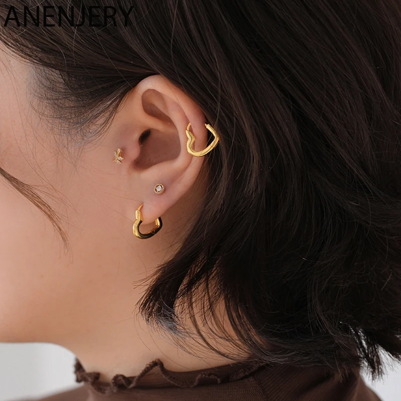 ANENJERY basit sevimli tatlı kalp toka Hoop küpe kadınlar için moda kalp şekilli daire Piercing küpe takı S-E1312
