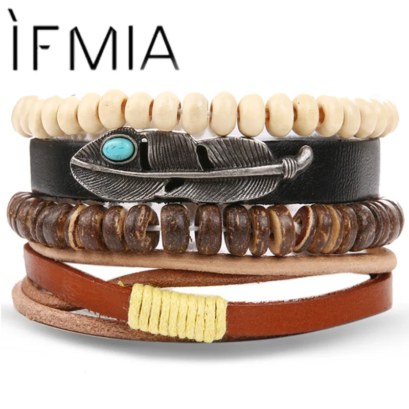 IFMIA Vintage Multilayer Adjustable Leather Bracelets For Men Trendy Handmade Wood Beads Braided Wrap Bracelet Jewelry 2019 New | Украшения