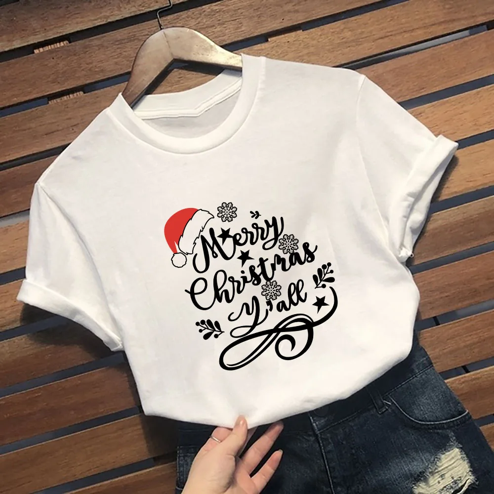 

2QIMU Merry Christmas Y'all T-shirt Female Short Sleeve O-neck Cotton Fashion Graphic Tee Shirt Camisas Mujer Tshirt Women Tops