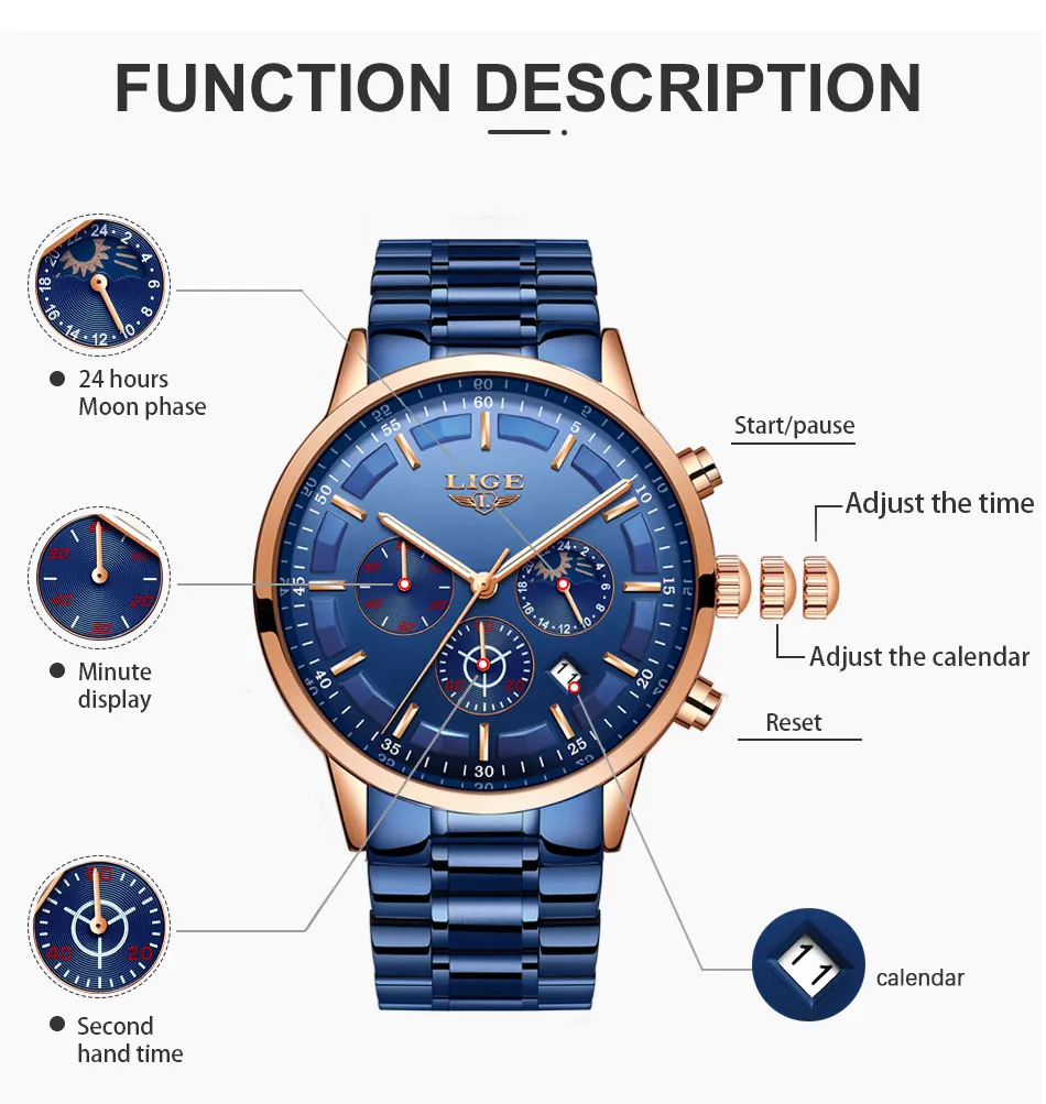 New Fashion Men Watches LIGE Top Brand Luxury Watch Man All Steel Waterproof Quartz Wristwatch Date Clock Relogio Masculino+Box