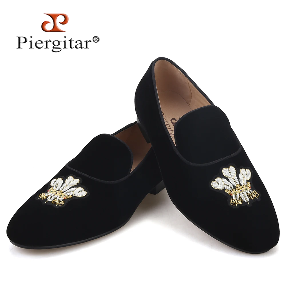 

Piergitar black velvet slippers with multicolor bullion embroidered crest handcrafted men classic loafers for wedding and party