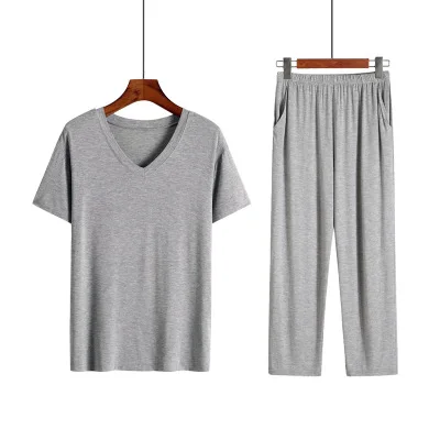 Spring Summer Pajama Set Men Cotton Modal Sleepwear Black Short SleevePants Bottom Two Pieces Plus Size Stretchable Home Clothes