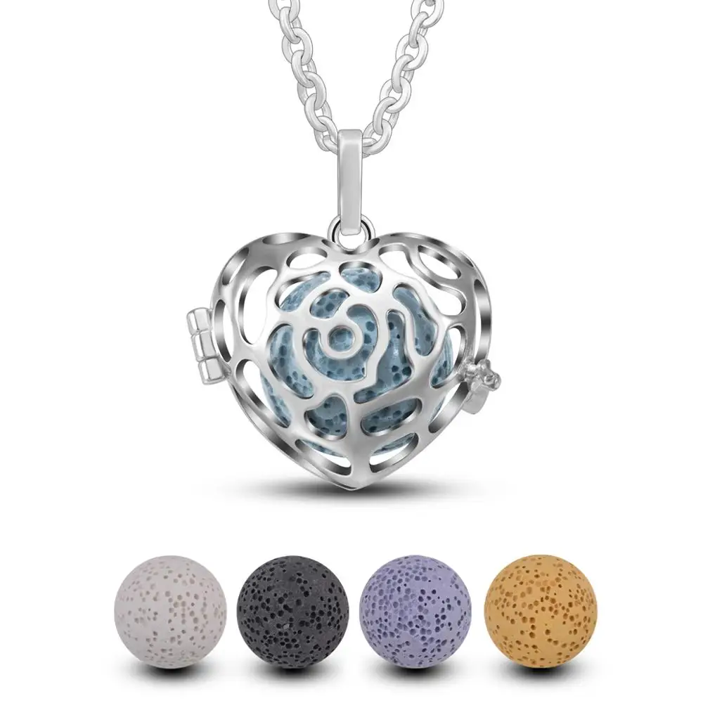 Eudora Rose Heart design Cage Essential Oil Aroma diffuser Pendant Necklace colorful Volcanic lava stone ball or chime ball H164
