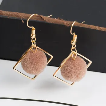

LATS Khaki Hairball Earrings for Women Korean Pompon Cute Earrings Long Hoop Earings 2020 Brincos Fashion Jewelry