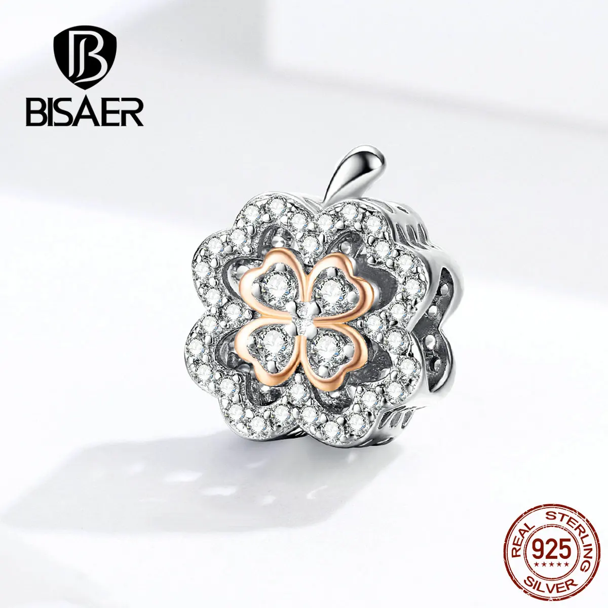 

BISAER Clover Flower Authentic 925 Sterling Silver Crystal Zircon Clover Flower Beads Charms fit Bracelets DIY Jewelry ECC1247