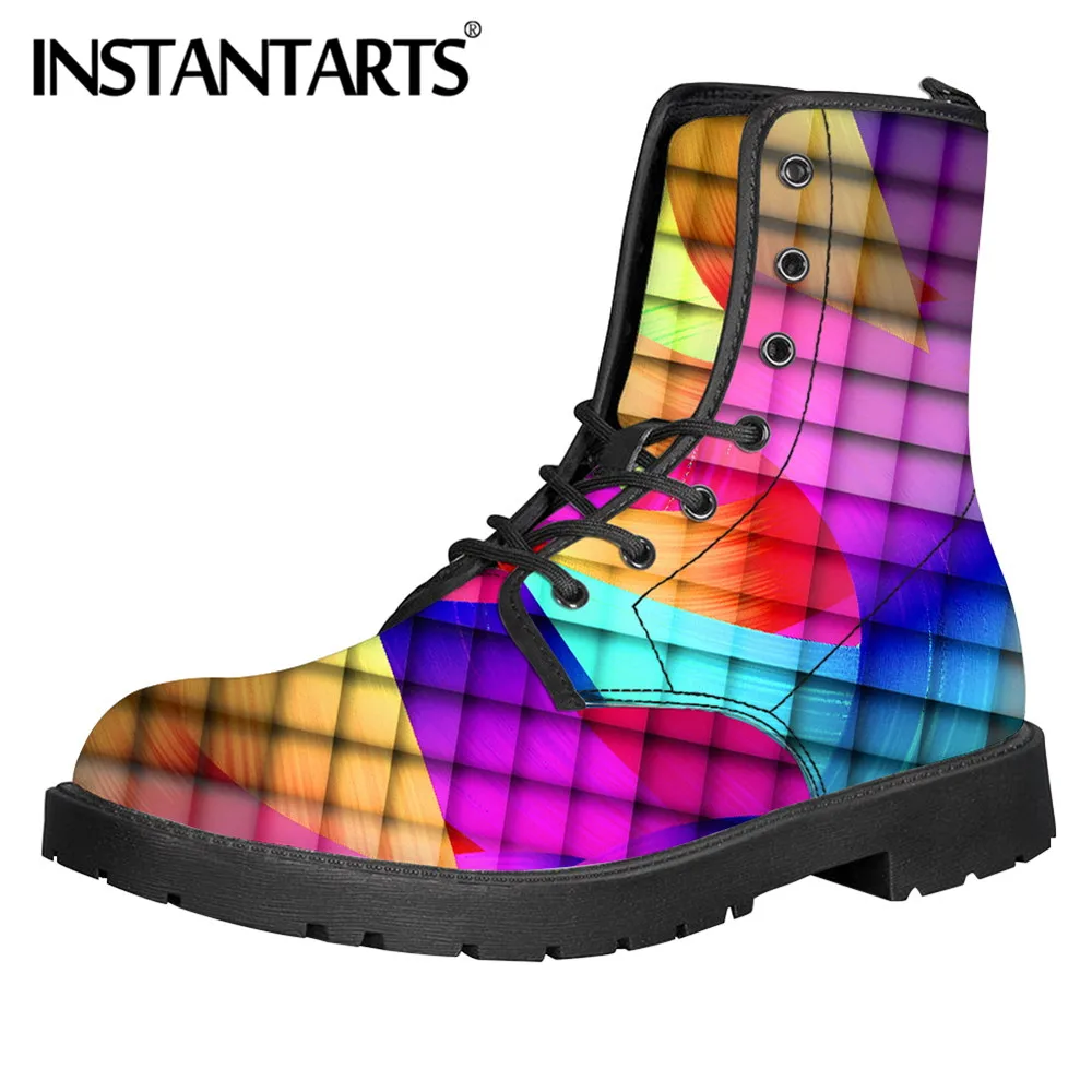 

INSTANTARTS Colorful Rainbow Pattern Women Pu Leather Winter Spring Boot Pride Shoes Warm Lace-up Ankle Botas Chaussures Femme