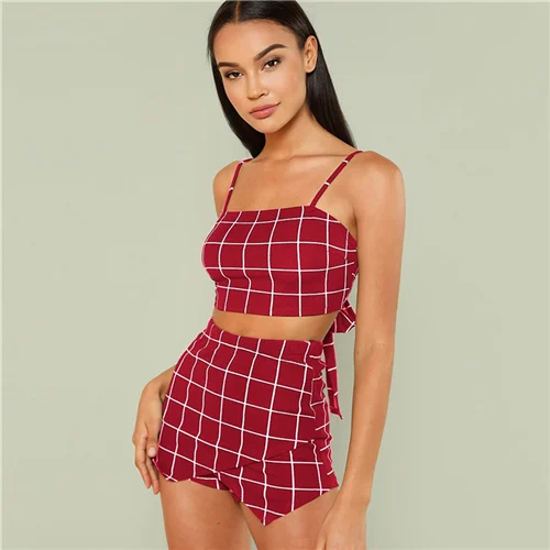 Клетчатый укороченный топ с галстуком на спине и шорты, клетчатая летняя одежда с ремешками, комплект из 2 предметов