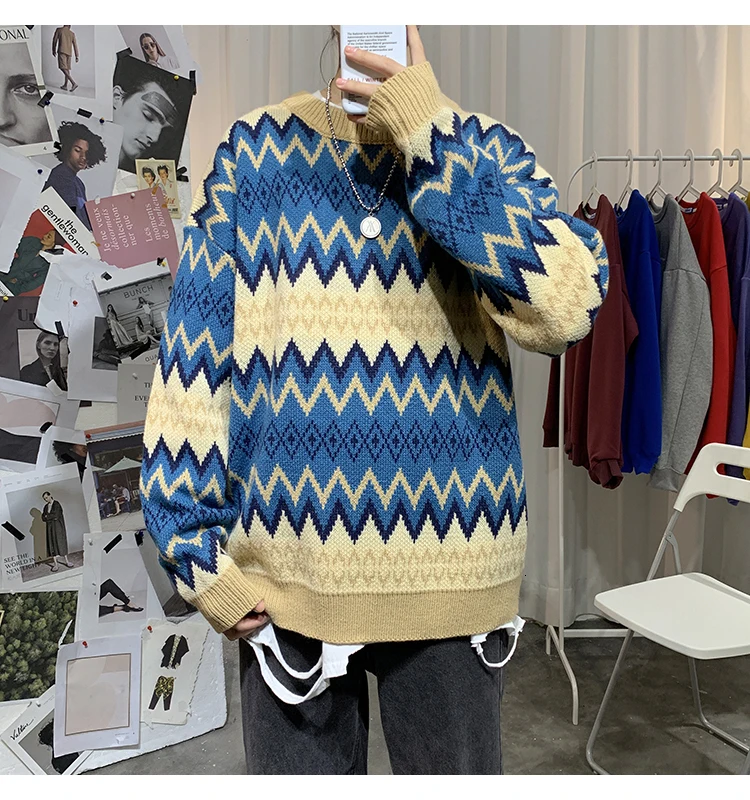 Sweater Men's Warm Fashion Contrast Color Casual Retro O-neck Knit Pullover Men Loose Knitting Sweaters Male Sweter Clothes