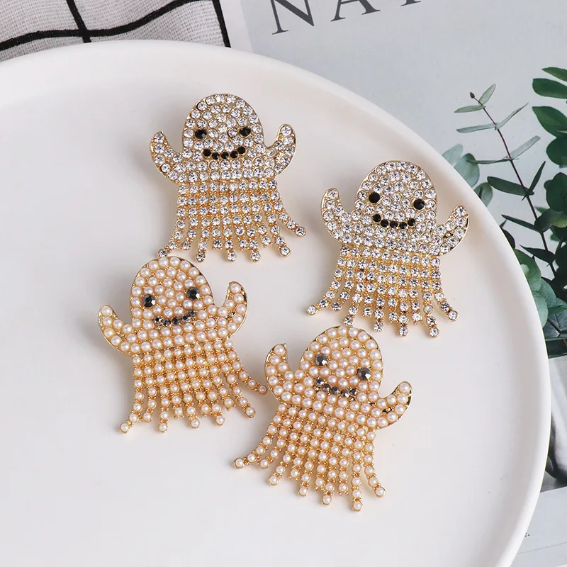 Creative Halloween Horror Ghost Crystal Imitation Pearl Beads Dangle Earrings for Women Statement Jewelry Gifts | Украшения и