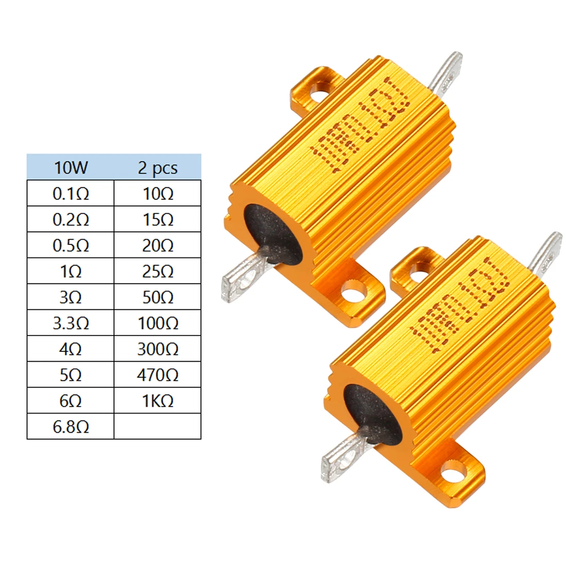 

uxcell 2Pcs 5Pcs 0.2 R-300 R 1KR Aluminum Case Resistor Wirewound for LED Converter with Rod Post Gold