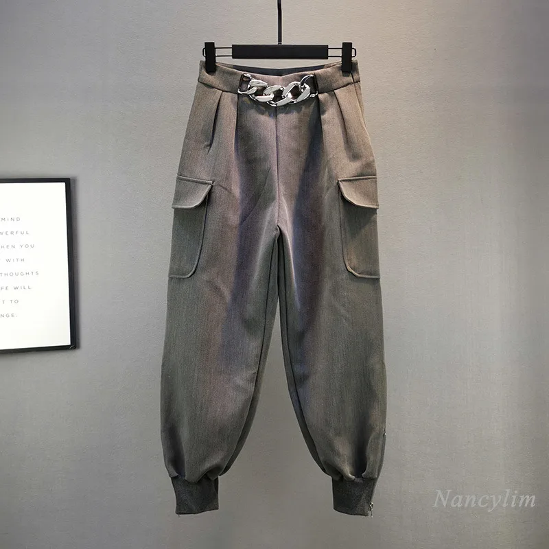 

Chain Waist Pants Women Harlan Suit Pants 2020 Autumn New High Waist All-match Skinny Pocket Trousers Office Lady Pant