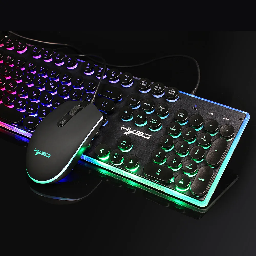 HXSJ V300 Russian Round Keycap Rainbow Suspension Backlit Gaming Keyboard+Mice 