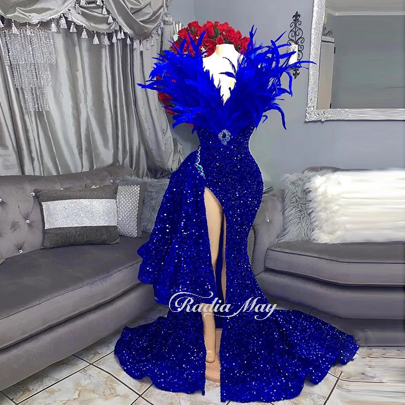 Sparkly Sequin Royal Blue Feather Prom ...