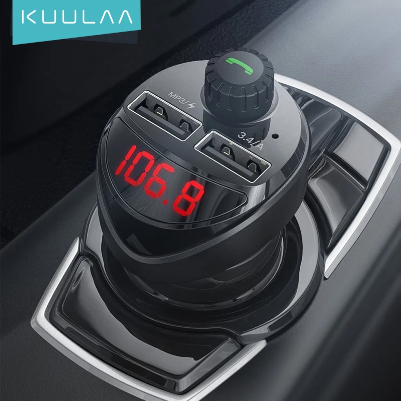 KUULAA-cargador de coche con reproductor MP3 y Bluetooth, Transmisor FM, tarjeta TF, cargador de telefono de coche USB Dual 3.4A para Xiaomi Mi