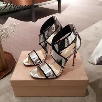 

Prowow New Spring Summer Genuine Leather Glitter Open Toe Summer Sandals Cross Band Thin HIgh Heel Party HIgh Heel Sandals Shoes