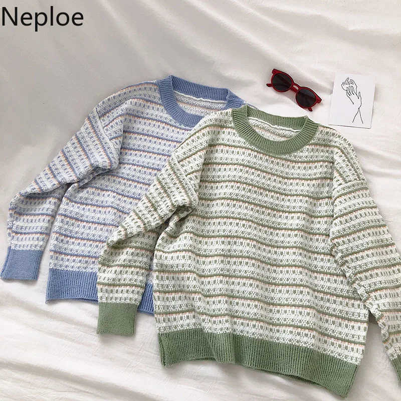 Neploe, контрастный цвет, полосатый пуловер, свитер, женский, длинный рукав, уплотненный, Круглый ворот, Pull Femme, Осень-зима, верхняя одежда, Sueter, свободный