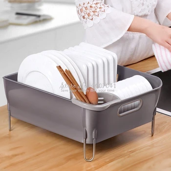 

Plastic Kitchen Drain Dish Rack with Stainless Steel Legs & Drain Grid Tableware Cutlery Storage Box Drip Dish Rack