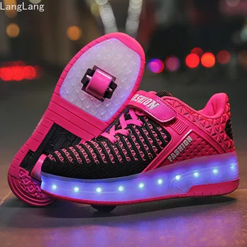 

2019 Spring Winter New Fly Woven Led Children's Light-emitting Wheel Shoes Heelys Skating Pulley Shoes Two Wheels Pink