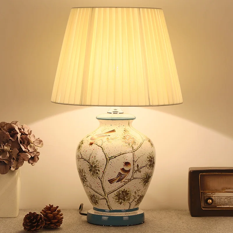 

Chinese rural branch&bird ceramic Table Lamps European classical dimmer touch fabric E27 LED lamp for bedside&foyer&studio MF026