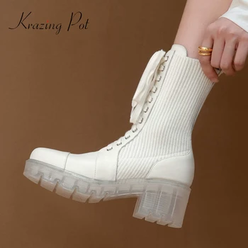 

krazing pot genuine leather cross-tied patchwork high square heel round toe lace up thick bottom keep warm mid-calf boots L68