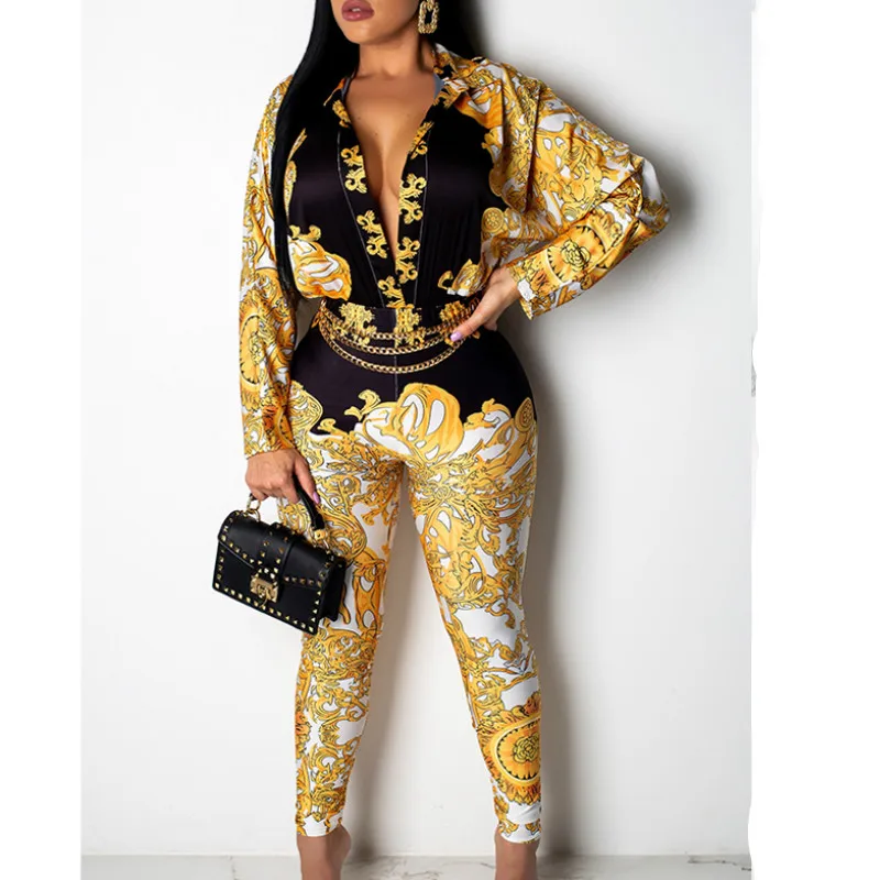 Черный Осенние облегающие комбинезоны с принтом в стиле ретро модные женские длинные рукава тонкий винтажный высокий брючный костюм - Цвет: Черный