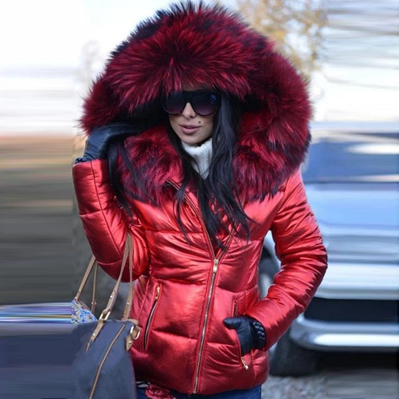 Women Autumn Winter Faux Fur Hood Zipper Warm Down Coat Outdoor Parka Outerwear new Faux Fur Winter Coat 2020 Black Denim Jacket