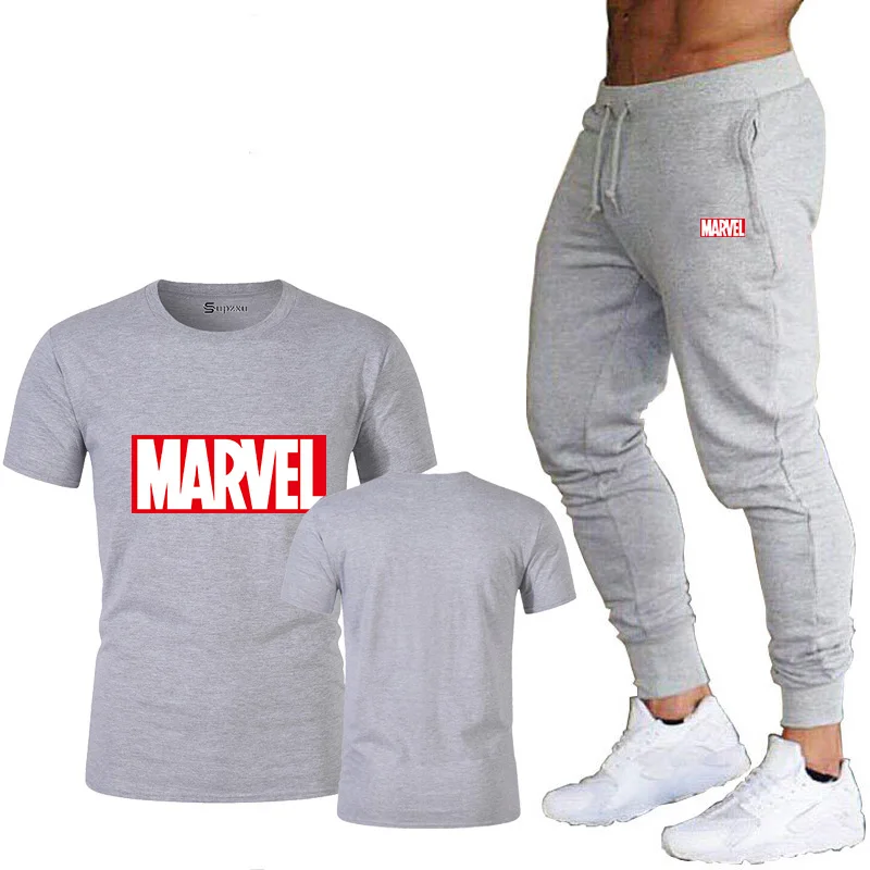 gray Новинка, модная мужская и женская футболка, Мстители, Marvel, надпись Marvel, мужская футболка+ спортивные штаны, футболка, комплект - Цвет: gray