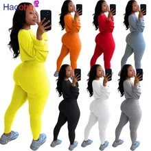 

Women Sportswear Two Piece Set Autumn Clothes Ribbed Knitted Long Sleeve Crop Tops and Fitness Pencil Jogger Pant Skinny Outfits