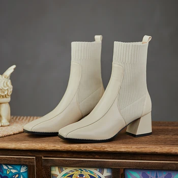 

Genuine Leather knitting Women Ankle Boots Elegant Office Ladies Shoes Woman Chelsea Boots High Heeled Shoes size 41 42 43