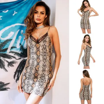 

Women Sexy V Neck spaghetti straps nightdress Lace Perspective Snake print nightgown hollow out nightwear langery sensuais #C