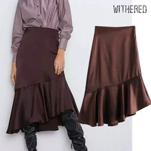 Увядшая английская элегантная Офисная Женская однотонная бархатная атласная миди юбка женская faldas mujer moda длинные юбки с оборками Женские