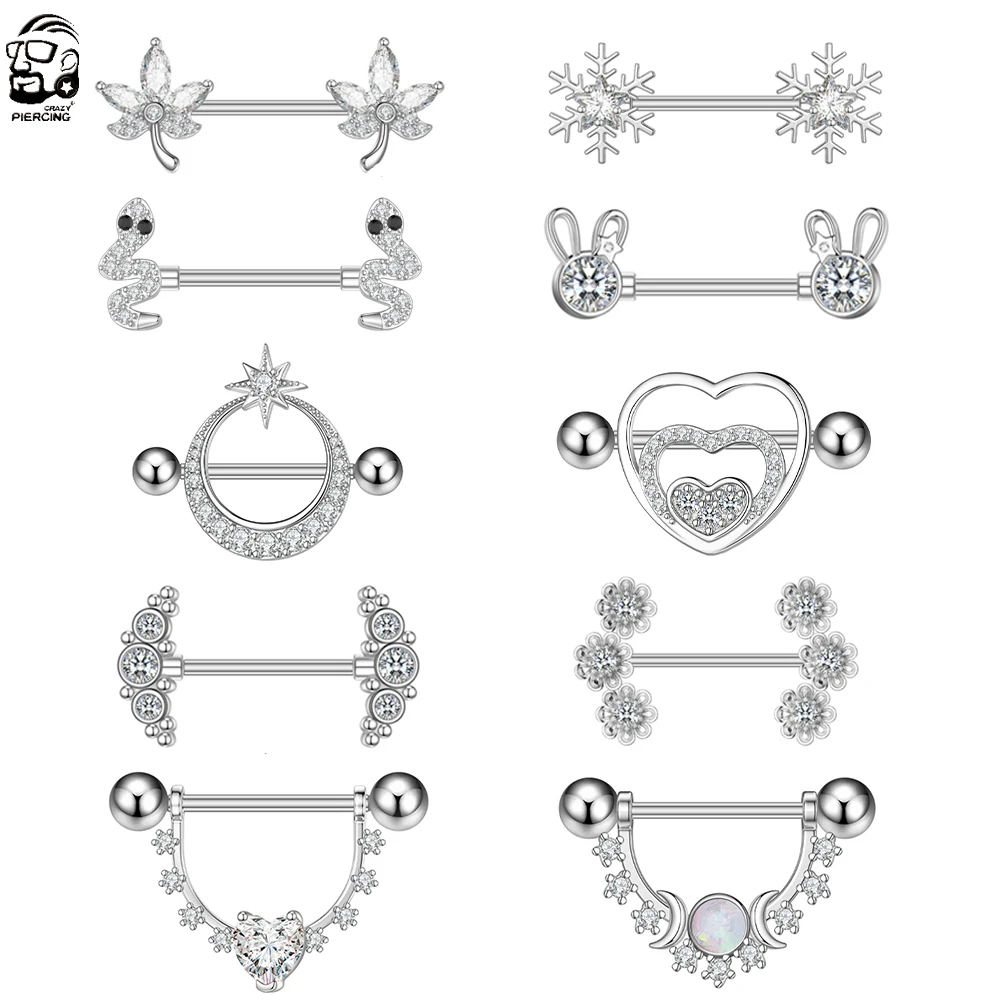 Rabbit Nipple Rings Crystal Steel Heart Snake Piercings Women Nipple Barbell Breast Shield Cover 2PCS