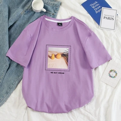purple Пастельные цвета женская летняя футболка Harajuku с лимонным принтом Kawaii Корейская футболка Топы полный хлопок короткий рукав женская одежда футболки - Цвет: purple
