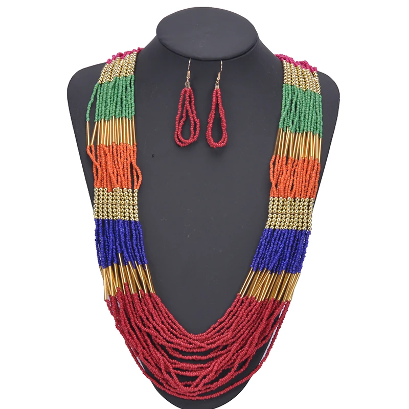 

2020 New Gold Indian African Beads Ethnic Bohemian Jewelry Sets for Women Ethnic Geometric Original Long Necklace Set Earrings