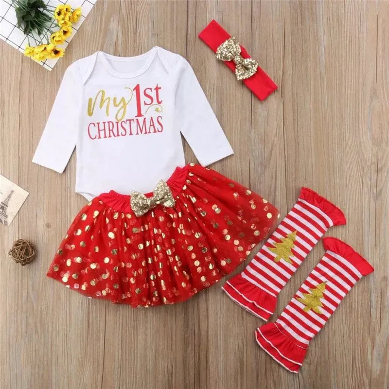 

4Pcs Baby Christmas Outfits My First Christmas Outfit Baby Print Bodysuit+Skirt+2ЧKneepad+Headband Christmas Clothes Baby D30