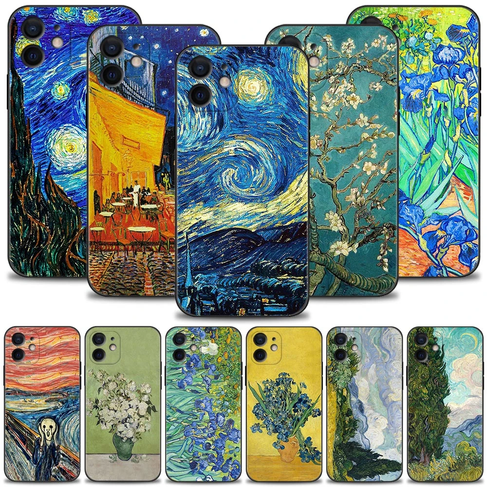 Phone Case For iPhone 13 12 11 Pro Max XS Max XR X 7 8 Plus 12 Mini 6S 5S SE 2020 Silicone Black Shell Van Gogh Starry Sky Art iphone 13 case leather