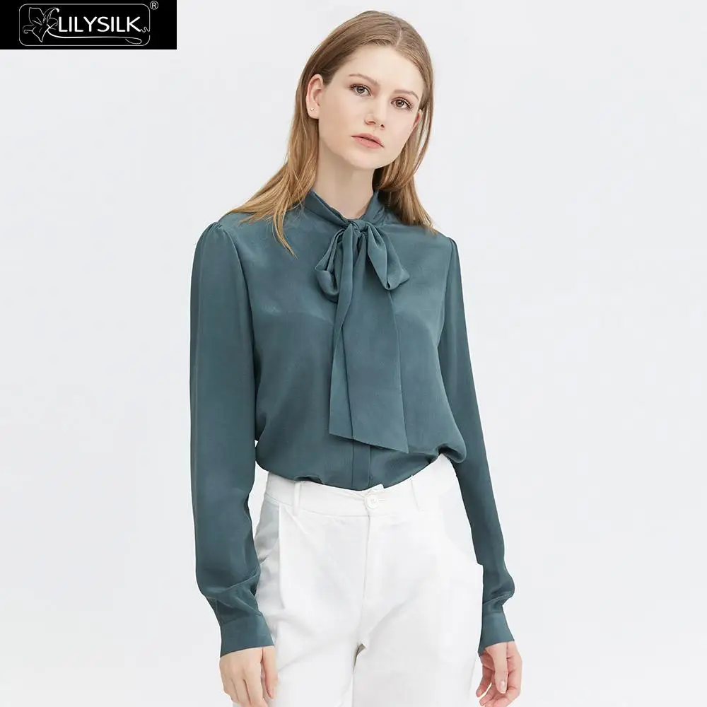 Smoky Blue LilySilk Блузка шелковая с галстуком-бабочкой на шее Классическая Женская Новинка - Цвет: Smoky Blue