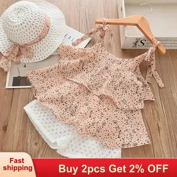 

Girls Clothes Sets 2020 Summer Kids Clothes Floral Chiffon Halter+Embroidered Shorts Straw Children Clothing for Girls Suit