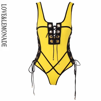 

LOVE & LEMONADE Yellow / Black Stitching Gold Circle Straps Bodysuit LM0068