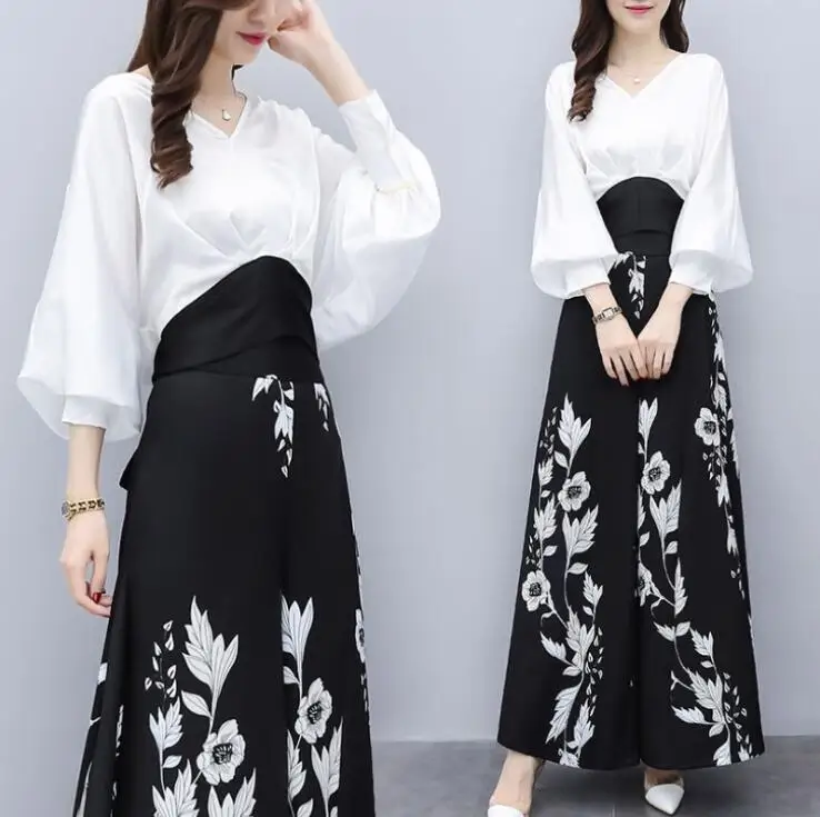 Autumn Chiffon Two Piece Sets Outfits Women  White Tops And Printed Wide Leg Pants Suits Elegant Office Korean Set