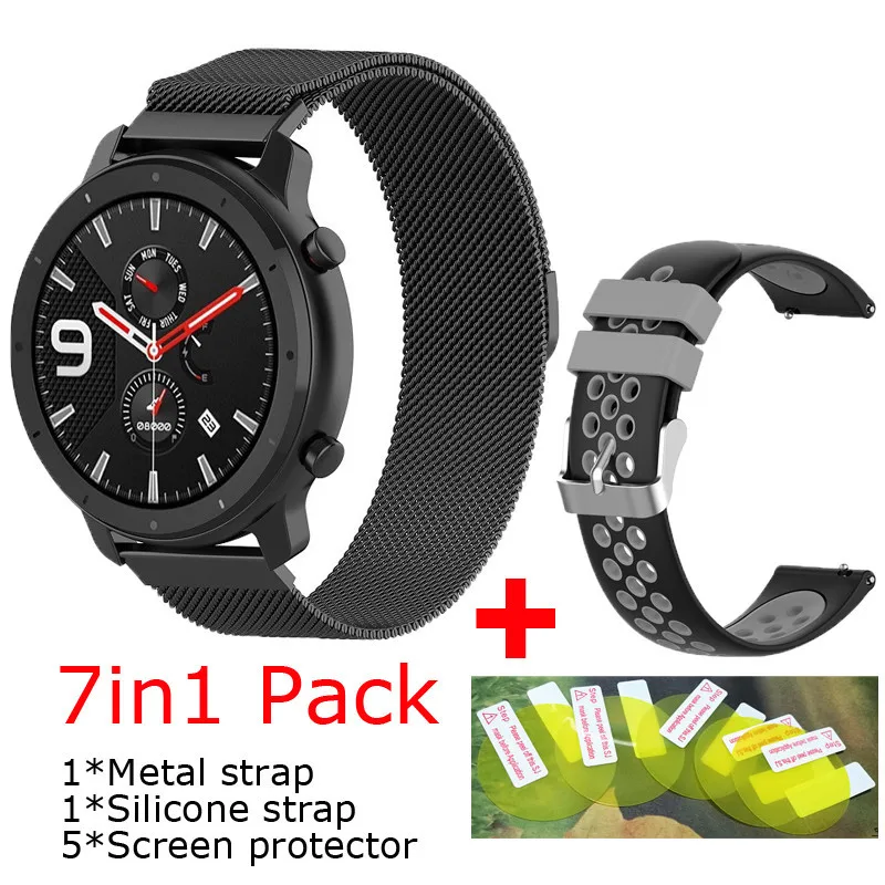8 в 1 упаковка для Xiaomi huami Amazfit GTR 47 мм 42 мм ремешок Смарт-часы металлический браслет+ силиконовый ремень+ 5 шт. защита экрана - Цвет: black-black gray