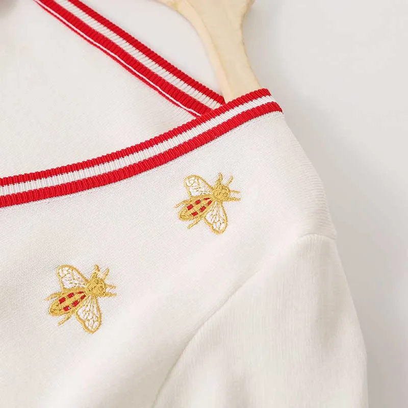NiceMix Women's sweater embroidery Autumn new women's long-sleeved industry bee contrast color stripes loose knit cardigan thin NiceMix Women's sweater embroidery Autumn new women's long-sleeved industry bee contrast color stripes loose knit cardigan thin